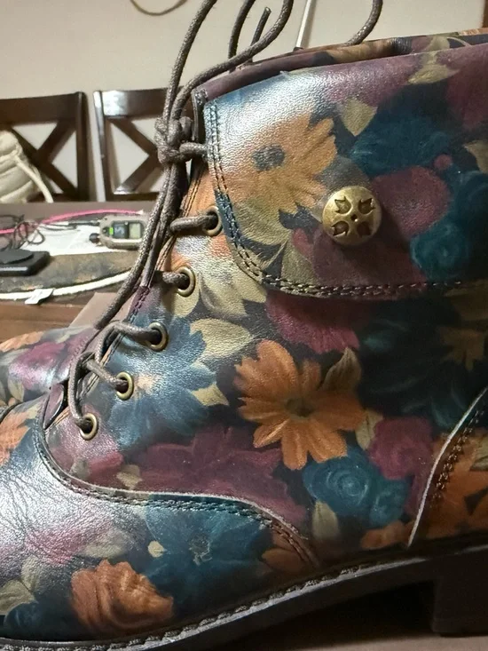 Patricia Nash Floral Leather Lace-Up Ankle Boots in Blue, Brown & Gold Tones - Picture 5 of 10